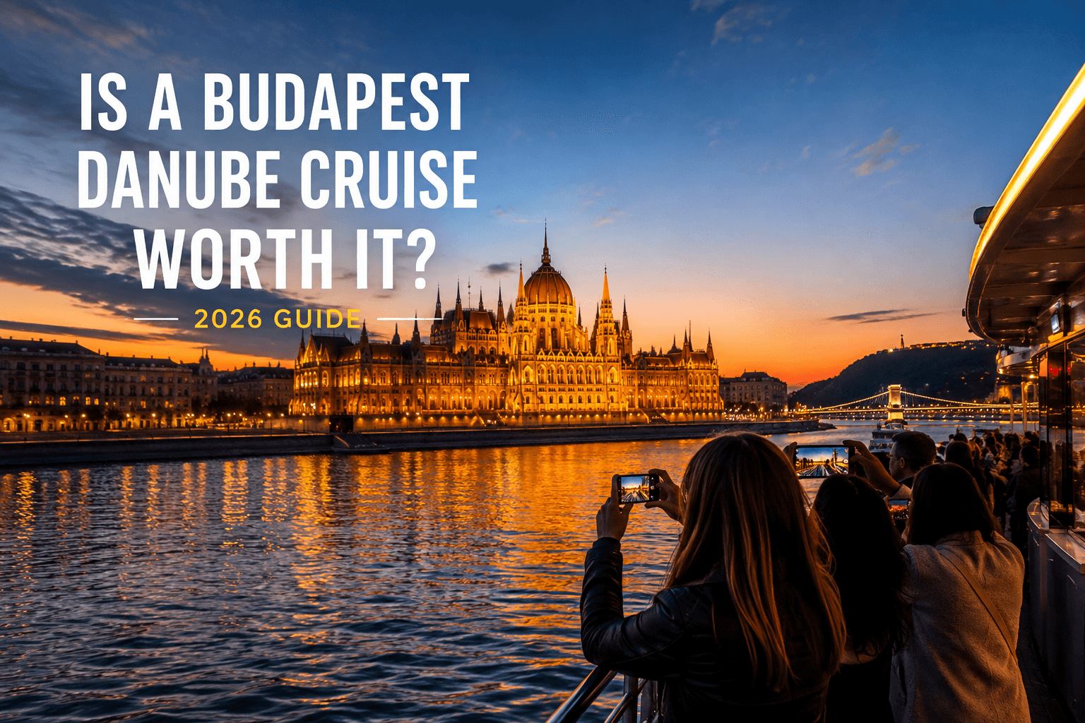 Budapest Danube cruise at sunset with passengers viewing the illuminated Hungarian Parliament Building from the river.
