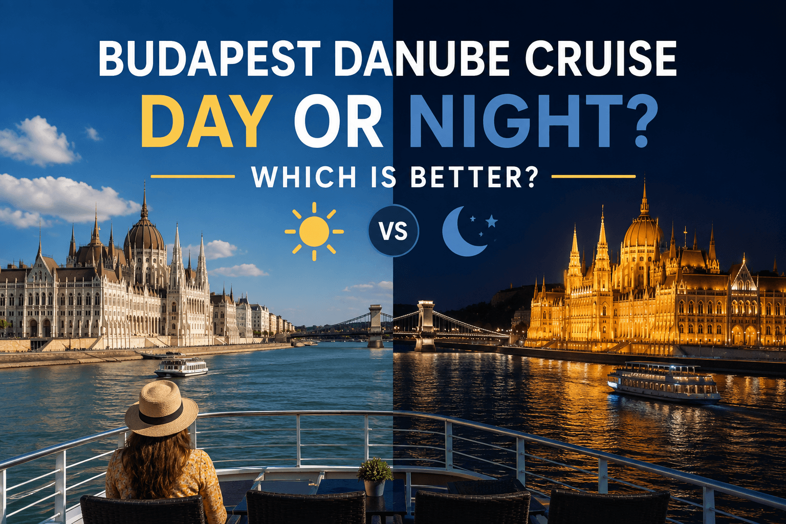 Budapest Danube cruise day vs night comparison showing the Hungarian Parliament Building and Chain Bridge in daylight and illuminated after dark.