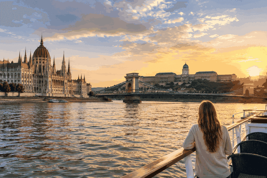 Budapest Danube cruise at sunset with views of the Hungarian Parliament Building, Chain Bridge and Buda Castle from the boat.