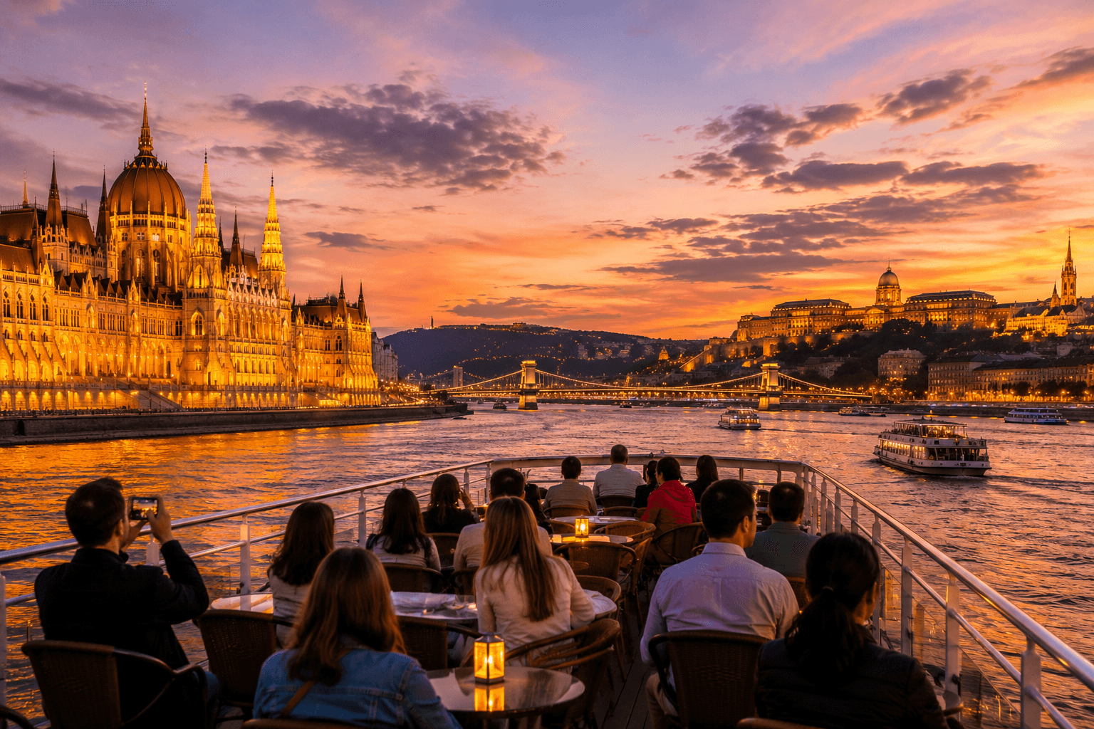 Budapest Danube cruise at sunset with passengers viewing the illuminated Hungarian Parliament, Chain Bridge and Buda Castle from the river.