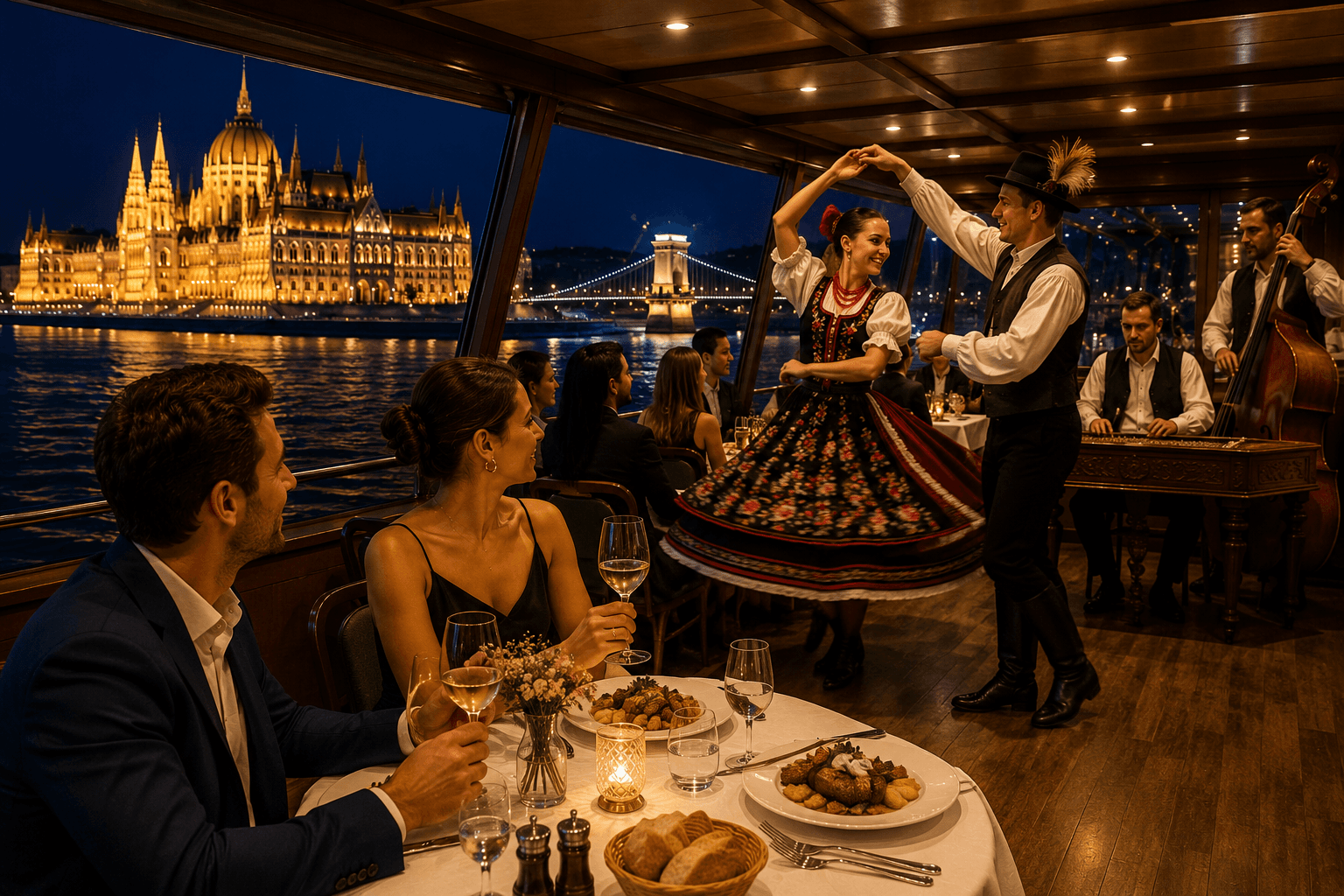 Budapest dinner cruise on the Danube with live Hungarian folk music and traditional dance show overlooking the illuminated Parliament Building.
