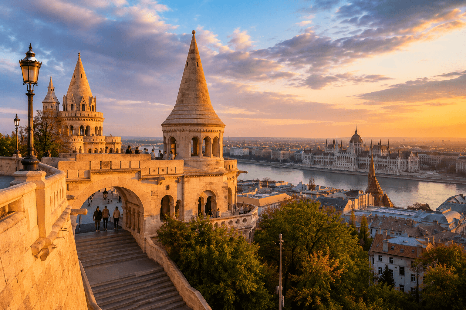 Fisherman’s Bastion in Budapest at golden hour with panoramic views over the Danube River and Hungarian Parliament Building.